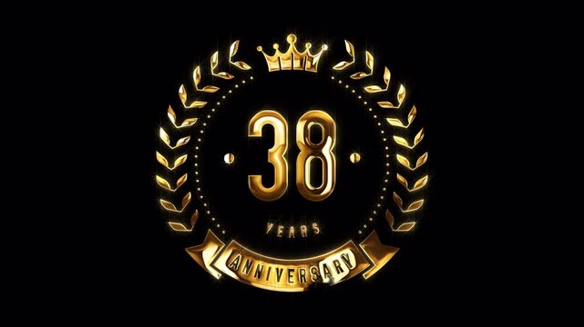 38th Anniversary Celebration. Happy 38 Years Anniversary Animation in Gold Color on the Transparent Background, Alpha Channel. Great for greetings, celebrations, events, and gifts.