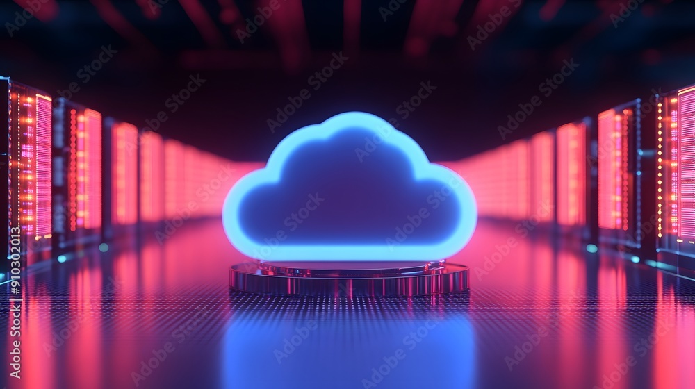 Poster futuristic data center with glowing cloud icon, symbolizing cloud computing and digital storage in a