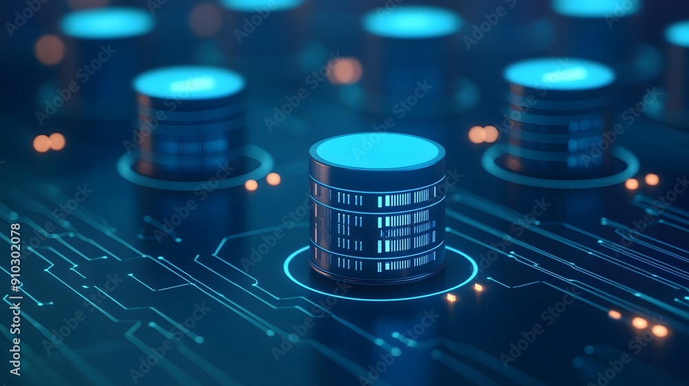 Poster futuristic data server concept with glowing blue lights and circuit board background, representing c