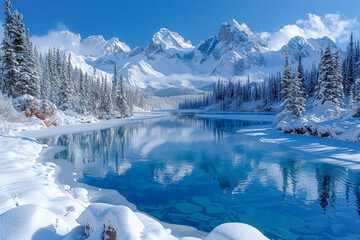 A beautiful lake surrounded by snow and trees.