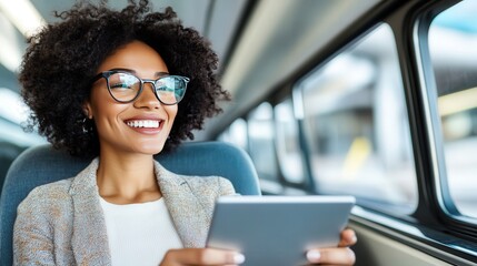 Happy young woman reading a tablet enjoying traveling on plane or train bus, copy space