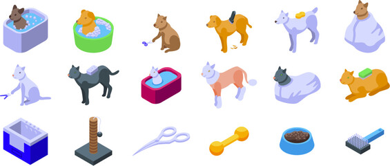 SPA procedures pets icons set. Pet grooming tools and accessories for cats and dogs being groomed by groomers