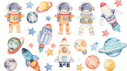 Cute watercolor astronauts, rockets, planets and stars in blue, orange and yellow, perfect for kids' space-themed designs. 
