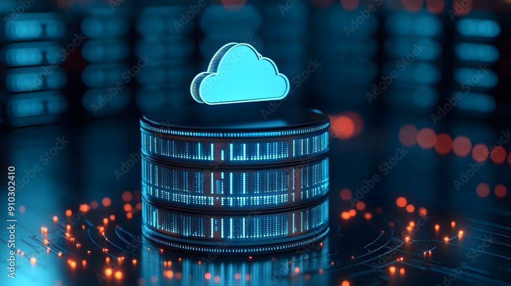 Poster futuristic data storage concept with cloud technology in a server room. blue and orange lights highl