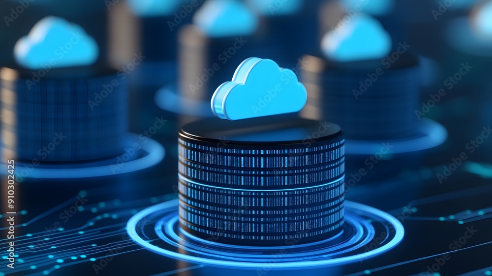 Poster futuristic data storage concept with cloud icons over server stacks, representing cloud computing an