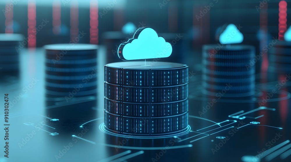 Poster futuristic data storage concept with glowing cloud icons above server stacks, representing cloud com
