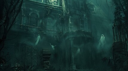 Spooky mansion with ghostly figures and haunting atmosphere.