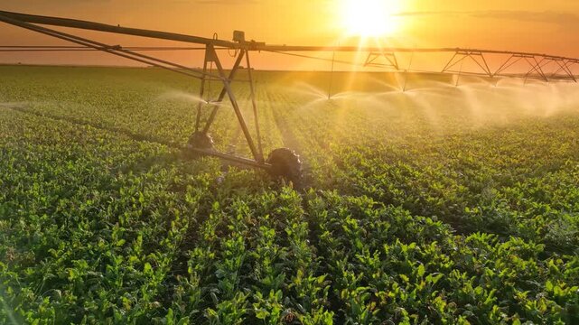 Drone shot of irrigation system on agricultural sugar beet field at sunset helps to grow plants in the dry season. Beautiful sunny landscape rural scene