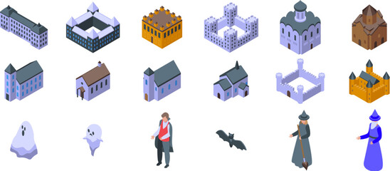 Old castle ghosts icons set. Isometric set of icons including different castles, churches, a dracula, a bat, ghosts and witches