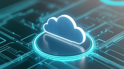 Futuristic depiction of cloud computing technology, displaying a glowing cloud icon on a digital circuit board.