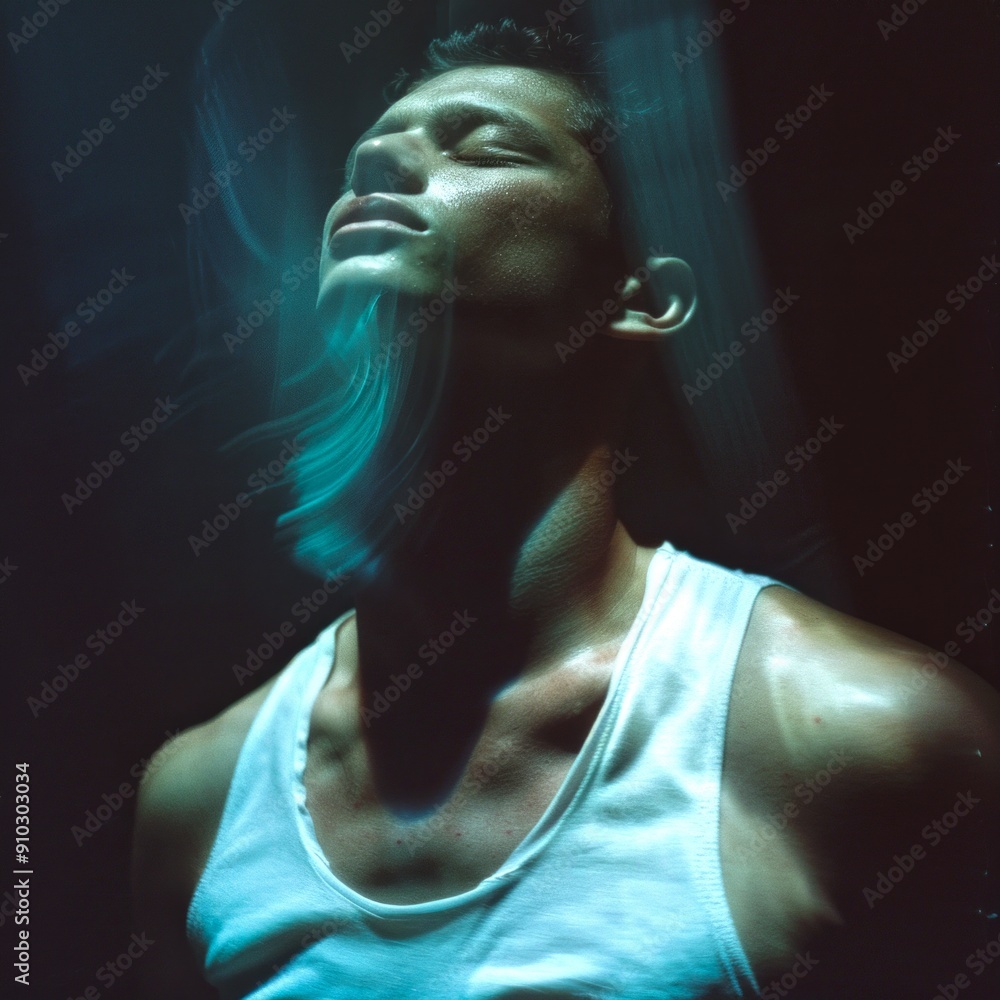 Poster dynamic portrait of a man in a white tank top with blurred motion effect and dramatic lighting. conc