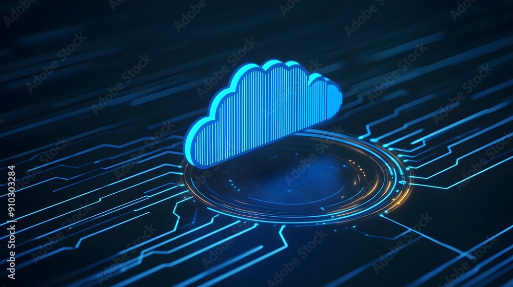 Poster futuristic digital cloud computing concept with glowing blue cloud icon and circuit board elements r