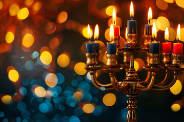 Fototapeta premium Elegant Candle Holder with Blurred Festive Lights: Cozy and Warm Holiday Ambiance