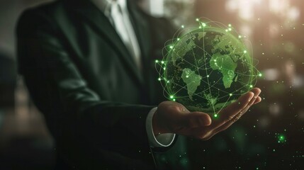 Businessman in hand holding green earth with icons of environment, concept of sustainable global environment. Corporate Environmental Responsibility