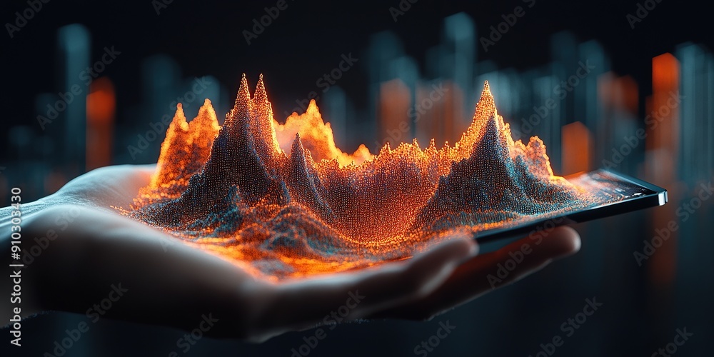 Poster dynamic data visualization on a tablet in a futuristic nighttime setting