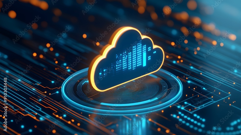 Poster futuristic digital cloud computing concept with glowing circuits and data visualization on a blue te