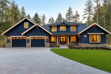 New and Modern colorful Craftsman Cottage House with Curb Appeal, garden, forest   