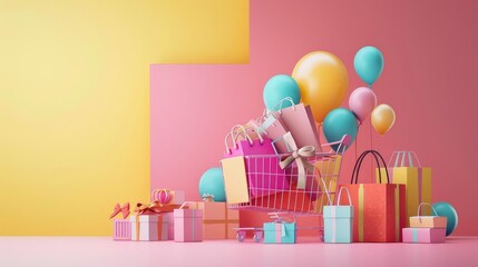 Colorful gift boxes and balloons against a vibrant backdrop, perfect for celebration themes and joyful occasions.