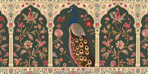 Elegant Peacock and Flowers in Green and Gold - Indian Palace Inspired Design 
