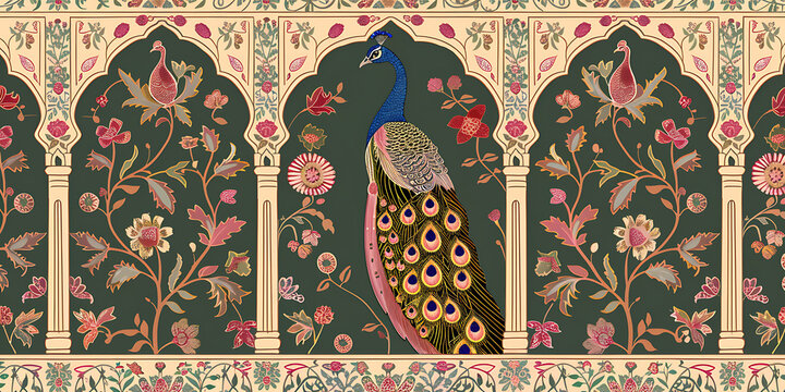 Elegant Peacock and Flowers in Green and Gold - Indian Palace Inspired Design 
