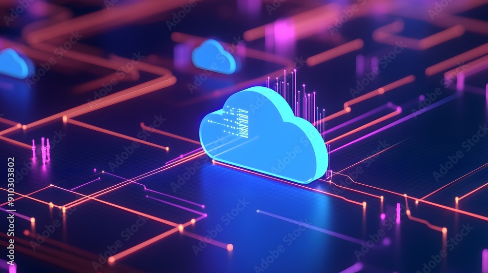 Poster futuristic digital cloud computing concept with neon light abstract background representing data sto