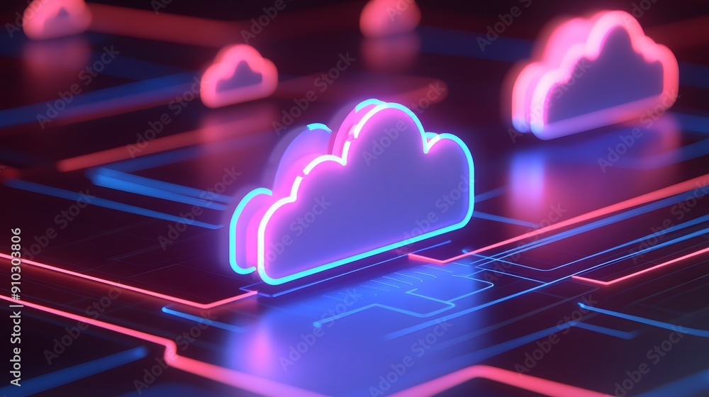 Poster futuristic digital cloud computing concept with neon light glowing clouds and circuit lines on a dar