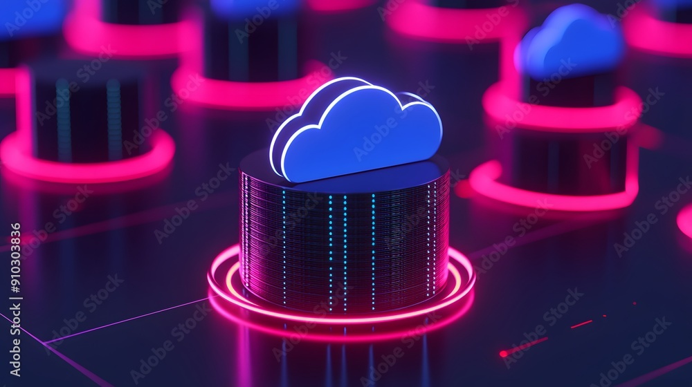 Poster futuristic digital cloud computing concept with neon lights, showcasing technology and data storage 