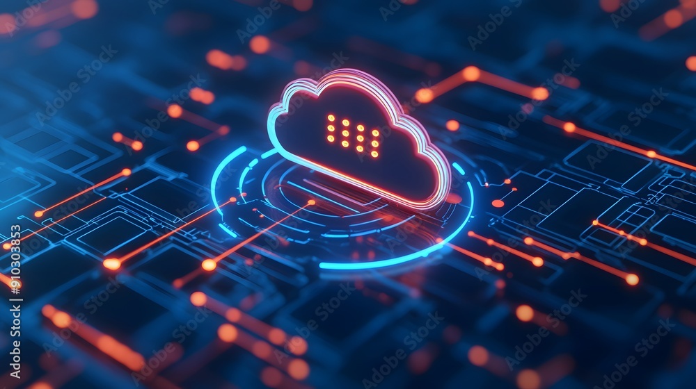 Poster futuristic digital cloud computing concept with neon lights and circuit board background, representi
