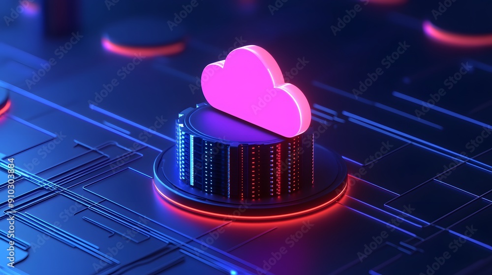 Poster futuristic digital cloud computing concept with neon lights and circuits, representing data storage 
