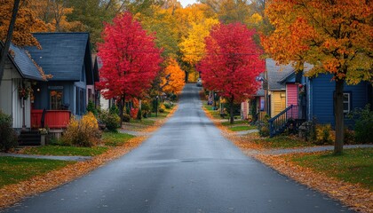 Naklejka premium Charming Suburban Street in Autumn with Colorful Foliage and Cozy Houses Lining the Road