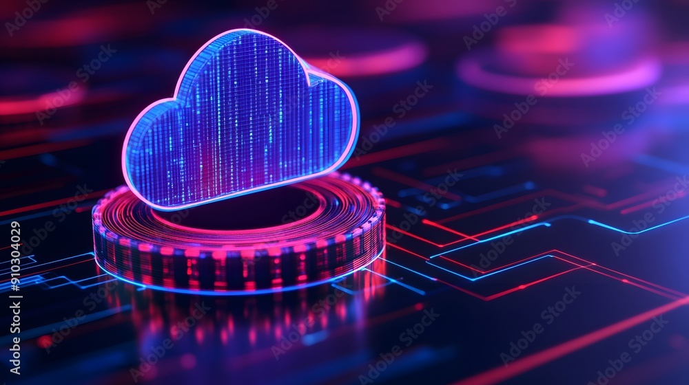Poster futuristic digital cloud computing concept with neon lights and holographic visualization on a circu