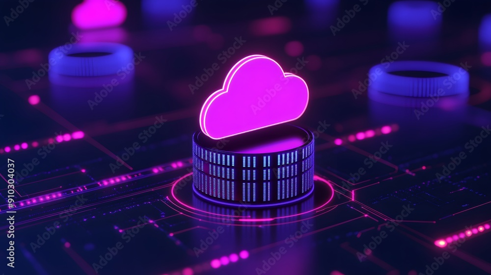 Poster futuristic digital cloud computing concept with neon lights and server data storage, representing mo