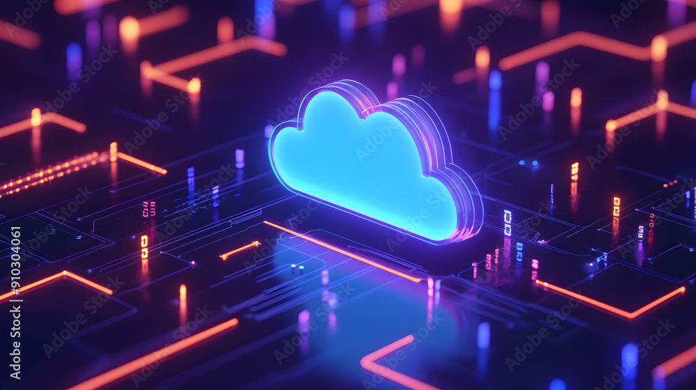Poster futuristic digital cloud computing concept with vibrant neon lights, representing data storage and o