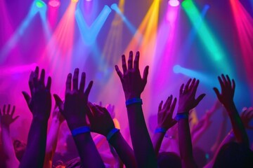 Crowd dancing in the club Happily having fun by raising your hands with neon lights background image