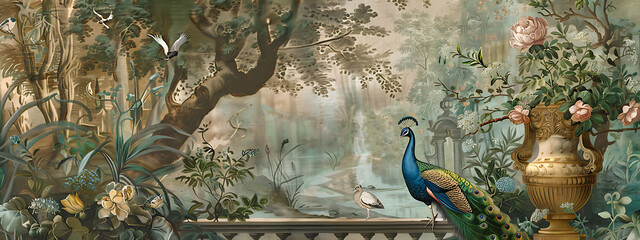 A vintage style illustration with peacock, flowers and trees in green, gold and pink tones, perfect for romantic and elegant design projects. 
