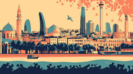 Risograph colorful riso print travel poster, card, wallpaper or banner illustration, modern, isolated, clear, simple of Shaki, Azerbaijan. Artistic, screen printing, stencil