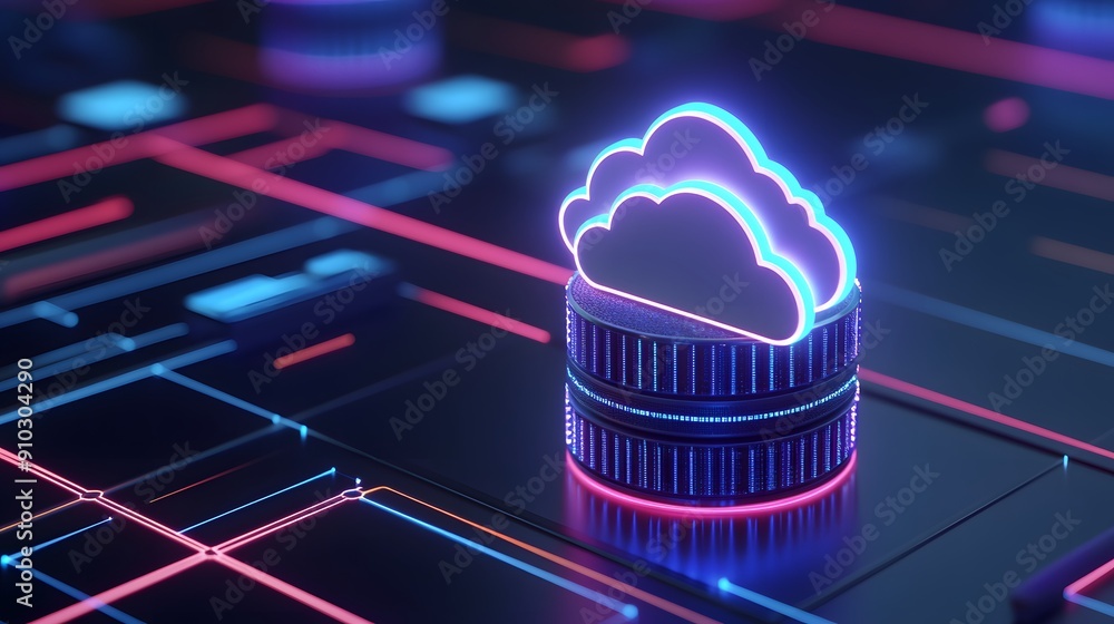 Poster futuristic digital cloud computing technology concept with neon lights on a circuit board background