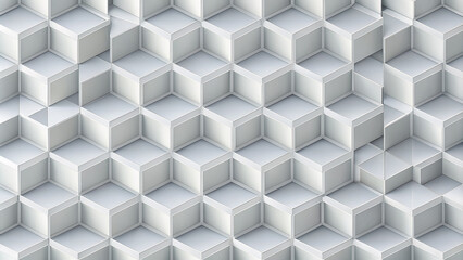 Modern light gray abstract seamless geometric pattern featuring realistic 3D cubes from white paper, perfect template for wallpapers, textile, fabric, and wrapping paper backgrounds.