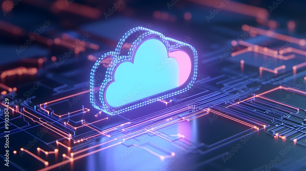 Poster futuristic digital cloud icon glowing on a dark circuit board, representing modern technology and da