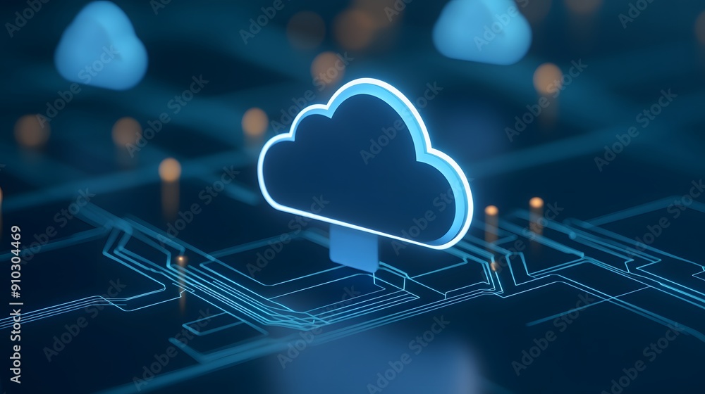 Poster futuristic digital cloud icon on a blue circuit board background, symbolizing cloud computing and te