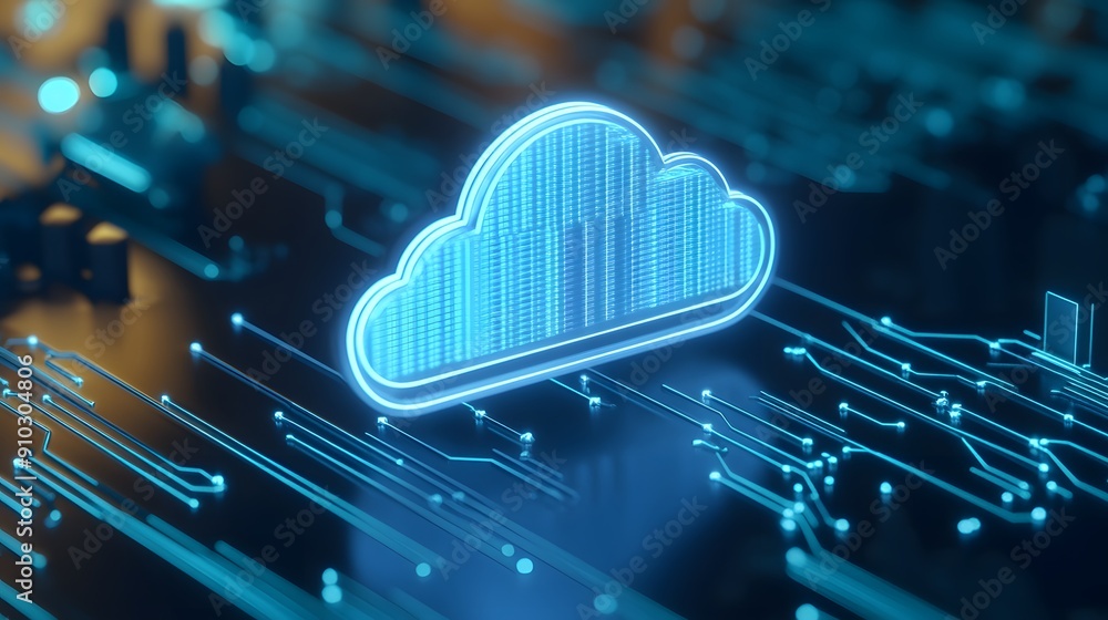Poster futuristic digital cloud icon, glowing in blue, representing cloud computing and advanced technology