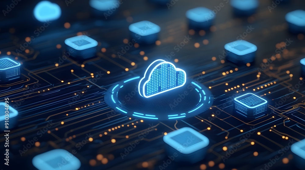 Poster futuristic digital cloud network with glowing connections, showcasing advanced data storage and tech