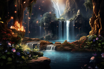 Obraz premium Enchanted Waterfall Oasis: Serene Cascading Waters and Whimsical Flora in a Magical Forest Setting