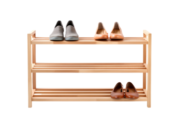 modern, minimalist shoe rack made from natural wood, with clean lines and a simple design. ,Isolated on white background