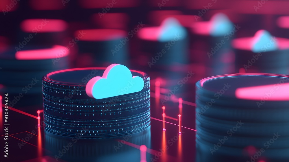 Poster futuristic digital cloud storage concept with vibrant neon colors representing data management in a 