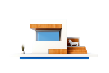 modern, minimalist dog house with a sleek, flat roof and geometric shapes. Isolated on white background