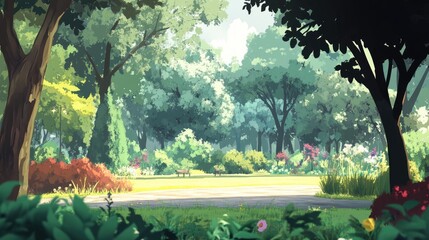 Stylized anime background of a park, featuring vibrant colors, lush greenery, and intricate details