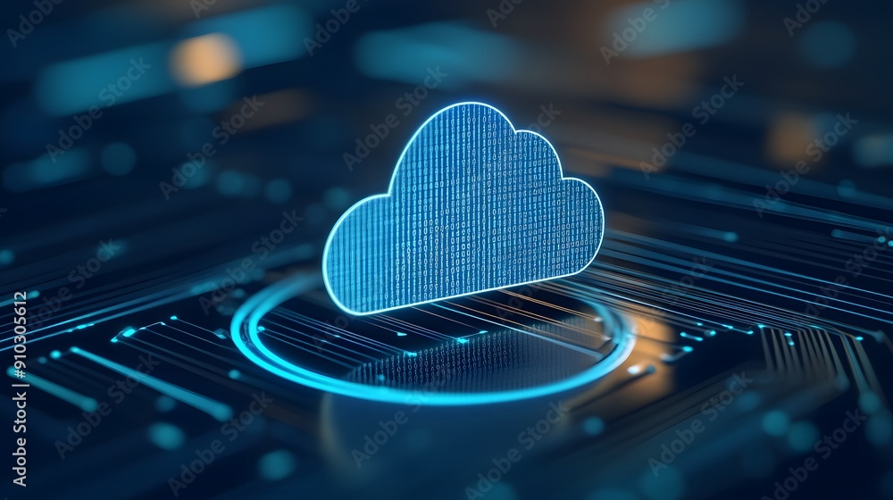 Poster futuristic digital cloud symbol over a circuit board, representing cloud computing technology and di