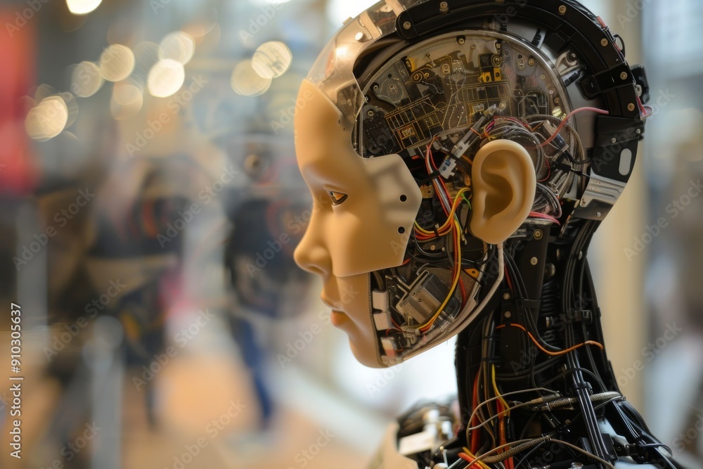 Poster mechanical robot head with numerous gears attached, showcasing intricate design and advanced technol