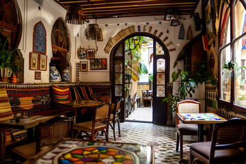 Obraz premium Colorful Moroccan cafe interior with warm brown, blue, and green tones, inviting you to relax and enjoy the vibrant atmosphere. 